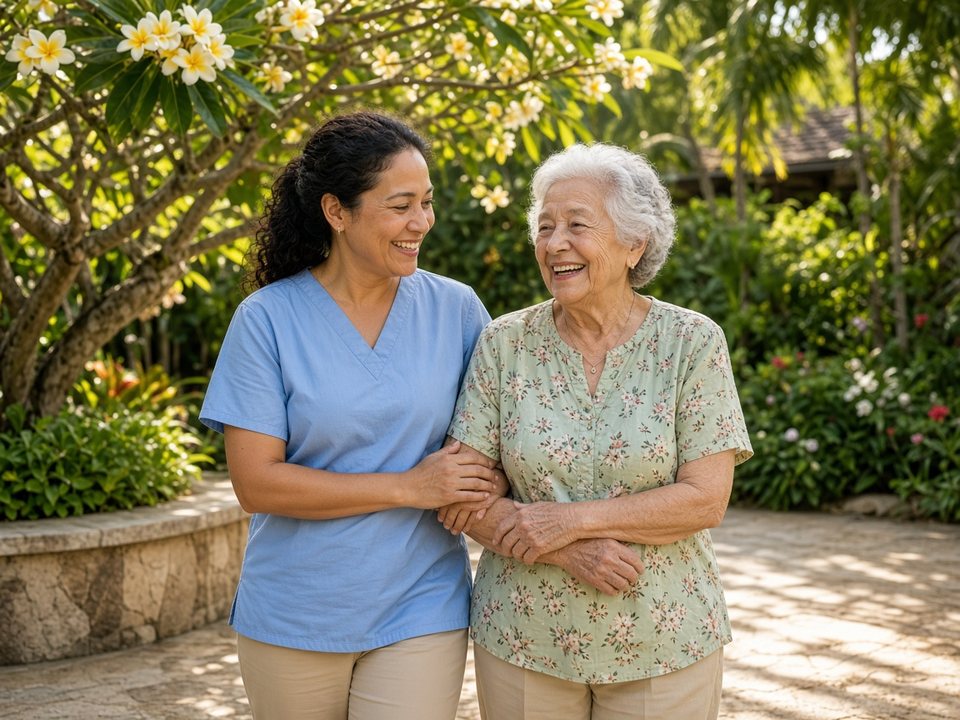 Friendly caregiver and smiling senior walking together in a shaded Big Island (Hawaiʻi Island) tropical garden with plumeria blossoms