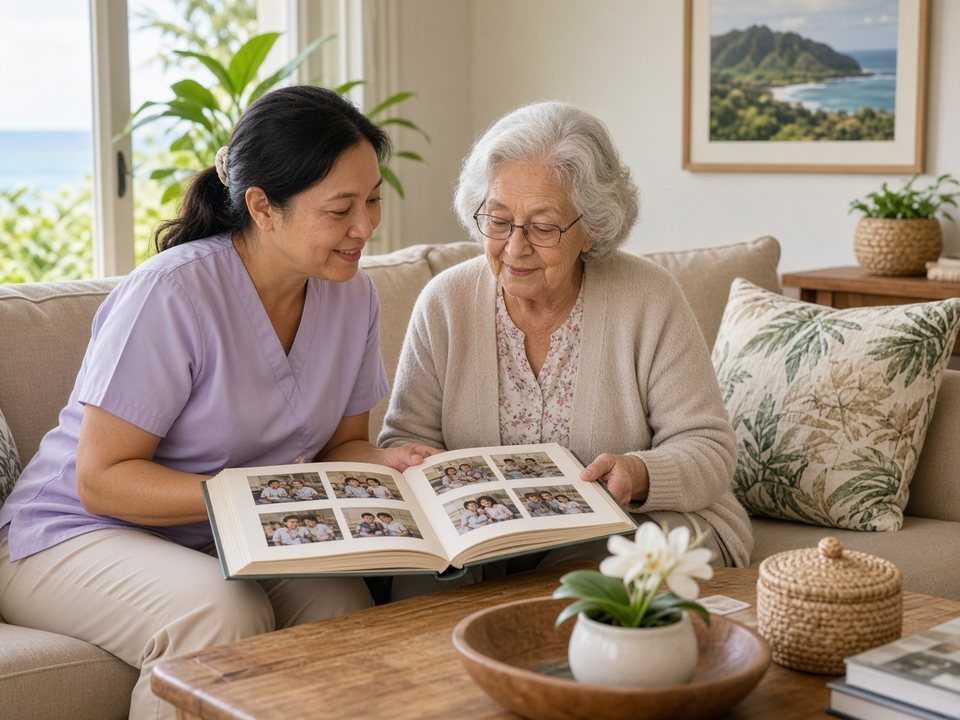 Calm supportive in-home memory care caregiver looking through a family photo album with a senior in a Big Island (Hawaiʻi Island) living room