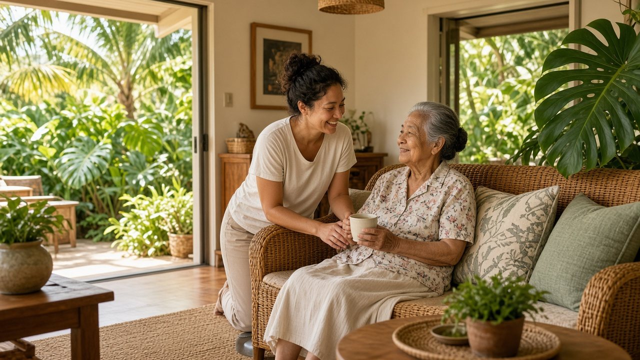 Compassionate caregiver assisting a smiling senior kupuna in a sunlit Big Island Hawaii living room with tropical lanai