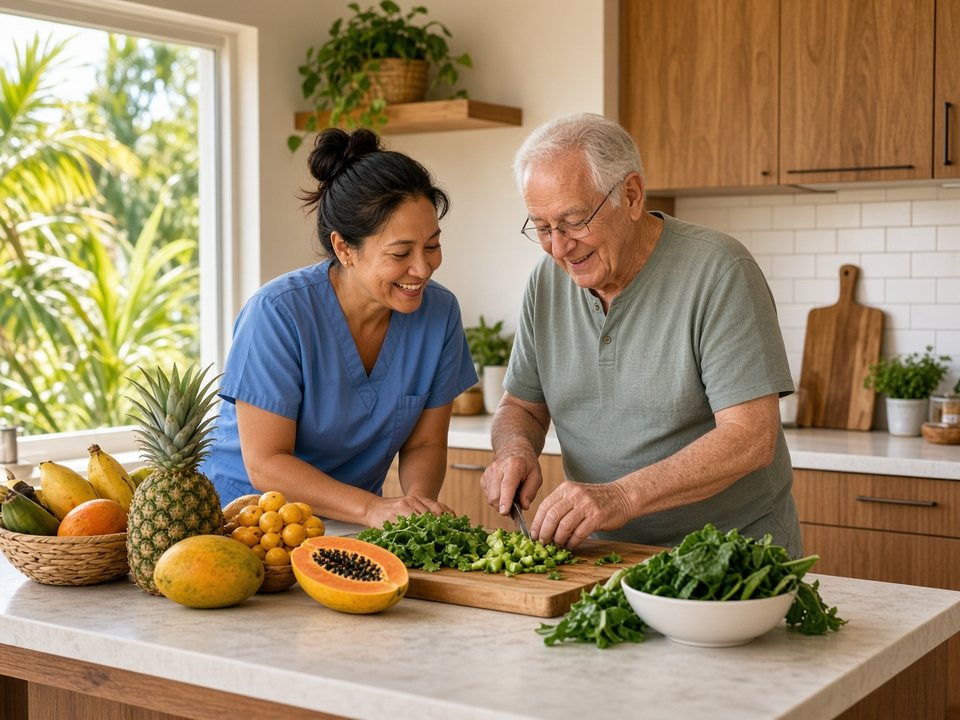 Caregiver helping an older adult with daily living activities and healthy meal preparation in a sunny Big Island (Hawaiʻi Island) Hawaii home kitchen